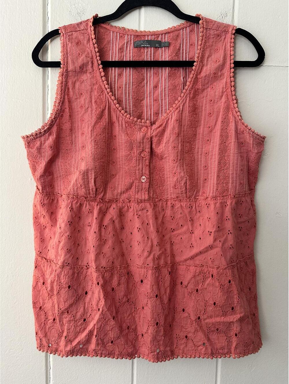 prAna Kendall Eyelet Tank in Coral Rust Embroidered V-Neck 100% Cotton Size XL
